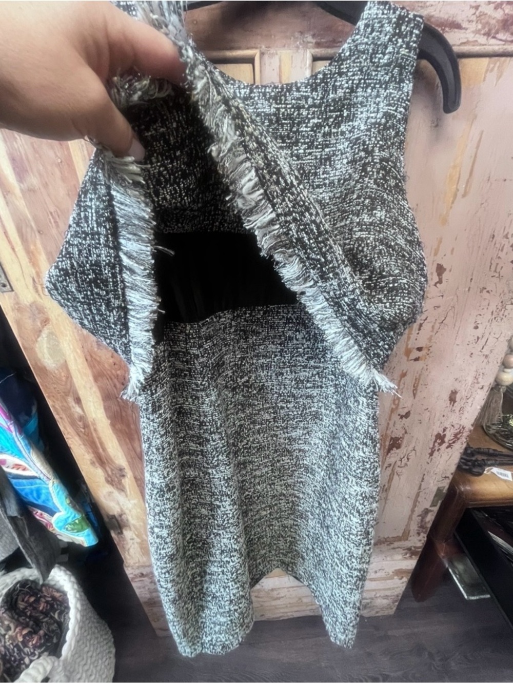 Sleeveless Tweed Shift Dress in Black and White - Picture 4 of 4